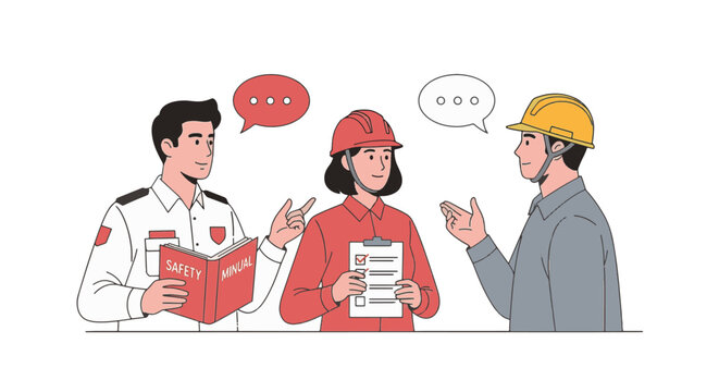Flat vector illustration of a safety officer holding a safety manual talking to construction workers in hard hats and vests during a site inspection with checklist and speech bubbles.