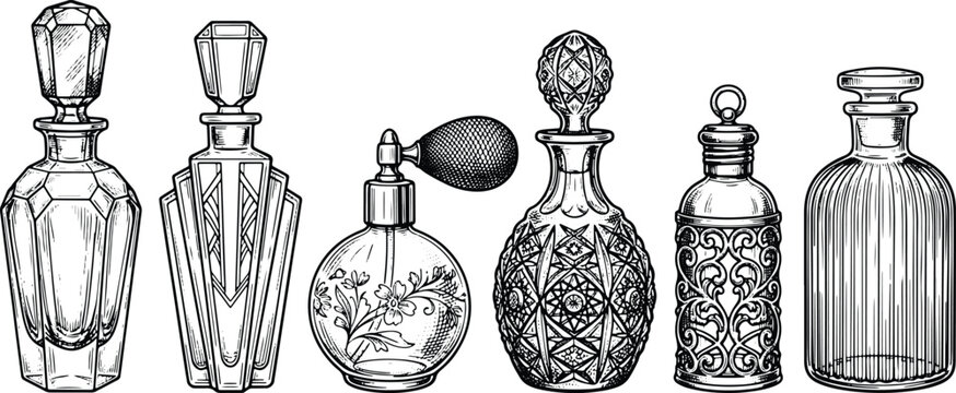 Vintage engraved perfume flacons collection featuring atomizer crystal bottles and ornate fragrance containers