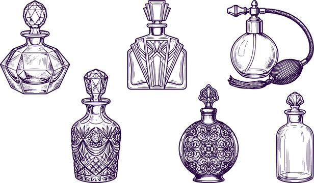 Vintage engraved perfume bottles collection featuring atomizer crystal flacons and decorative fragrance containers