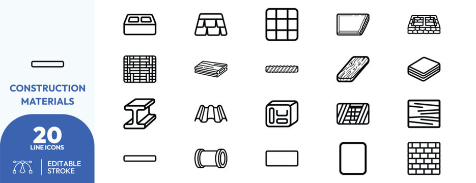 Architectural Construction Components icon set. Containing foundation slab, brick wall pattern, wooden beam, steel i-beam, grid framework, corrugated metal. Editable stroke. Vector illustration.