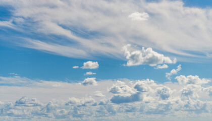 Fototapeta premium Skyscape and cloudscape. Sky with clouds. Cloudy skyscape background. Cloudscape sky background. Cloud in the sky. Background with cloud. Gloomy sky with overcast clouds. High clouds