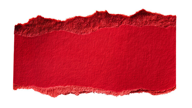 Rough torn red paper edge with fibrous texture, isolated on transparent background