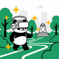 Naklejka premium Cute Panda Character Wearing Virtual Reality Headset Exploring Outdoors.