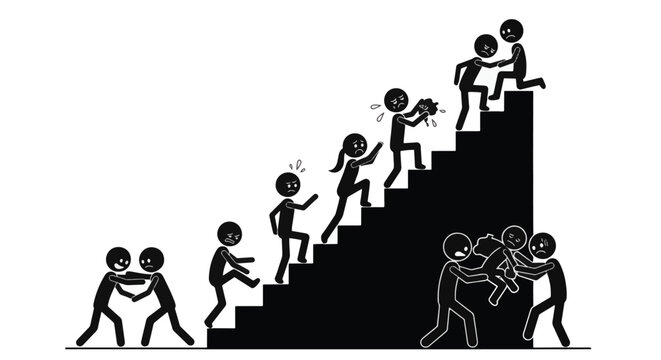 Minimalist black and white vector illustration showing multiple stick figures on a large staircase, depicting themes of social struggle, competition, helping others, and career progression.