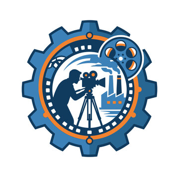 Industrial film production logo with gear and cameraman