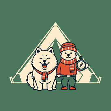 Cute Samoyed dog and person with compass ready for camping adventure.