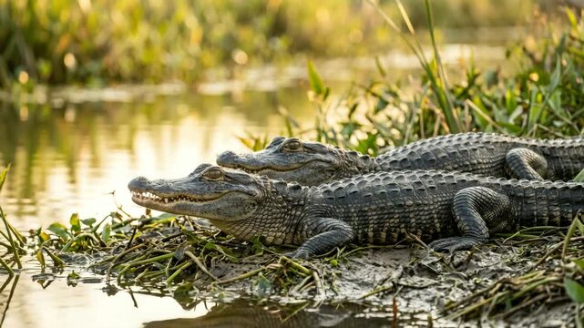 two chinese alligator close up in yangtze river china golden light video