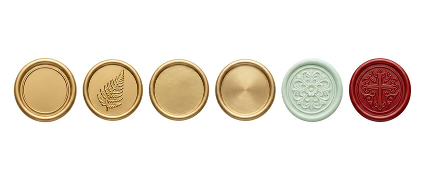 Set of six circular and ornate wax seals in gold, sage green, and deep red colors with various embossed patterns and textures on transparent background.