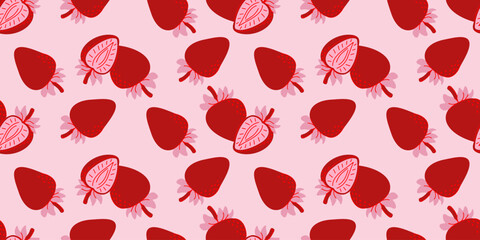 Seamless pattern with detailed flat strawberries and slices on pink background. Romantic summer berry texture for fabric, paper print, packaging, digital design, and sweet food backdrop. © Alena