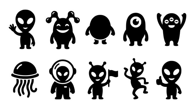 Black silhouette alien characters set vector graphics for sci fi design and extraterrestrial themes