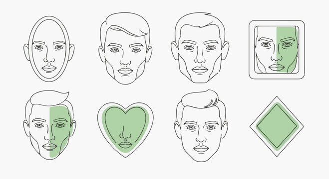 Set of vector line art icons illustrating common male face shapes including oval, square, heart, diamond, round, and oblong with green accent highlights on a light background for grooming.