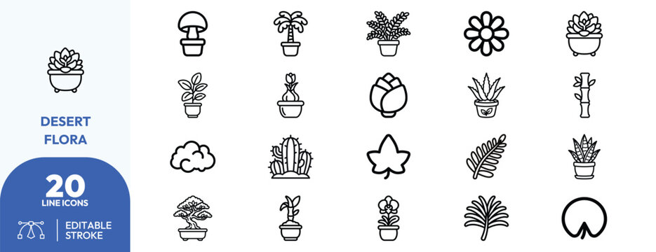 Residential Plant Variety icon set. Containing potted succulent, mushroom plant, bonsai, flowering cactus, desert leaf, blooming flower, pot plant, palm frond. Editable stroke. Vector illustration.
