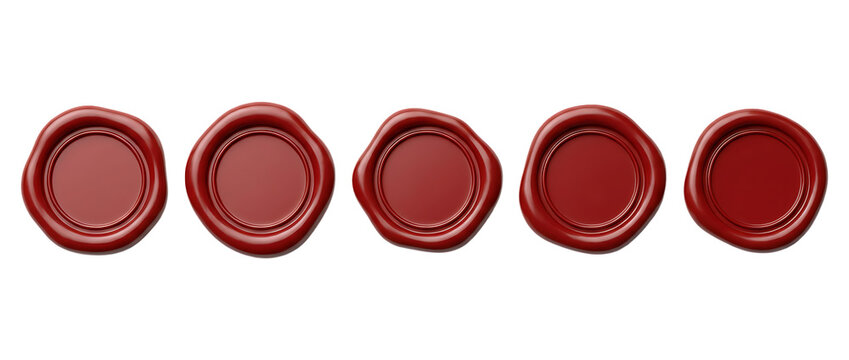 Row of five identical red wax seals with smooth surface and irregular edges, presented on a transparent checkered background, suggesting multiple uses.