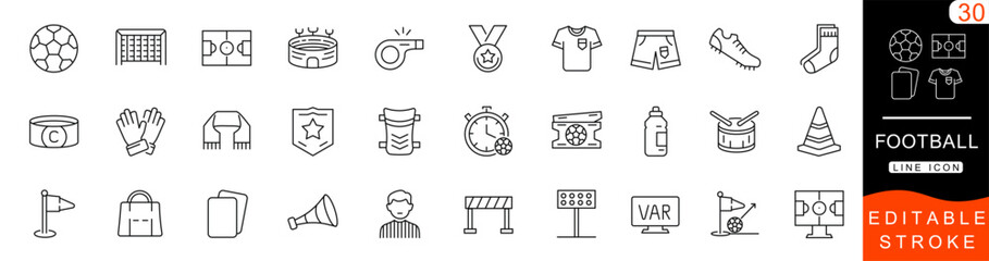 Football Line Icons Set – Soccer Outline Vector Collection, Sports Editable Stroke Symbols, Stadium, Ball, Goal, Referee, Trophy, UI and Web Icon Pack © JAGU Graphix