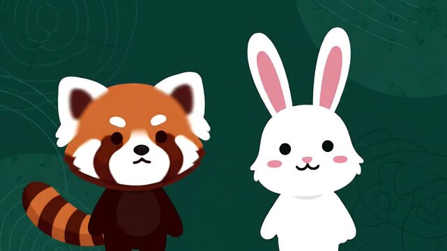 A cute red panda and a friendly white rabbit posing together.