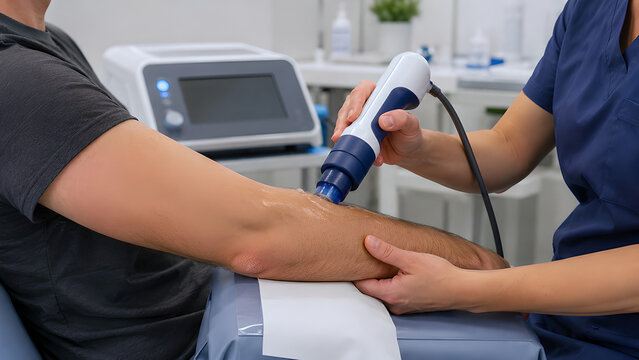 Golfer's elbow medial epicondylitis clinical procedure photo, elbow joint treatment exam in healthcare clinic for medical education, orthopedic care, patient communication and rehabilitation content
