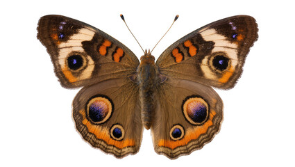 Brown butterfly with large eyespots and orange markings, isolated on transparent background © Maria