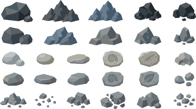Rock Boulder and Fossil Vector Asset Pack Featuring Low Poly Stones Jagged Peaks Prehistoric Ammonite and Leaf Imprints for Video Game UI Design