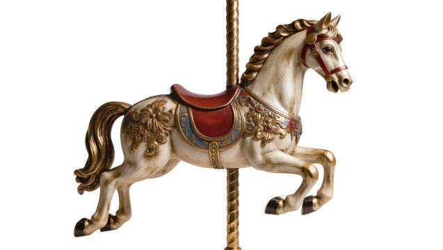 Ornate carousel horse with red saddle and golden details, isolated on transparent background