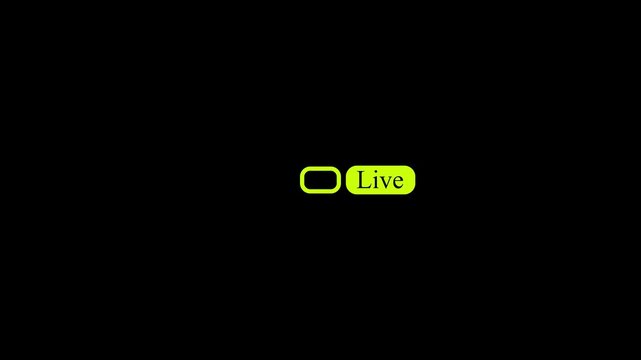 Yellow Live Stream Icon Animation with Blinking Red Dot on Black Background, Online Broadcasting Sign, Real Time Video Playback, Lime Green Social Media Live Button Motion Graphic.
