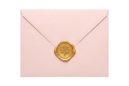 Elegant pale pink envelope sealed with a golden wax seal featuring a tree design, perfect for wedding invitations or special correspondence, isolated on a transparent background.