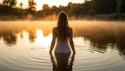 Fototapeta premium Woman Standing in a Quiet Pond at Sunset