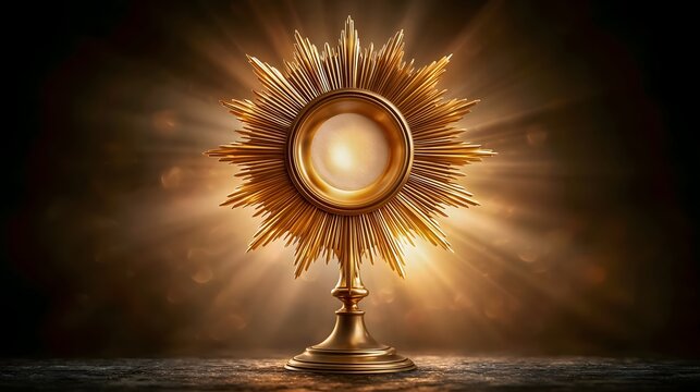 Communion host at the centre of a golden sunburst monstrance