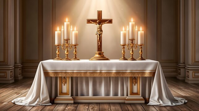 Church altar with burning candles and a standing crucifix