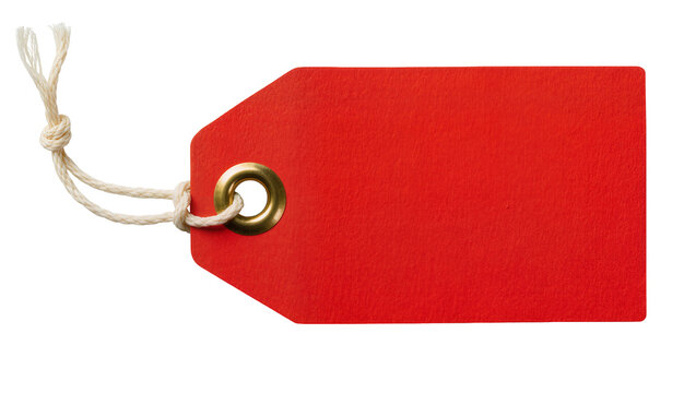 Red paper price tag with brass grommet and twine, isolated on transparent background