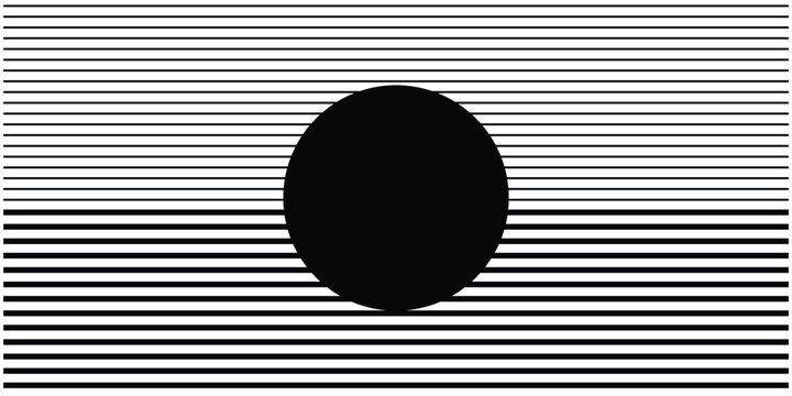 Abstract minimalist graphic design featuring a solid black circle on a background of horizontal parallel lines.