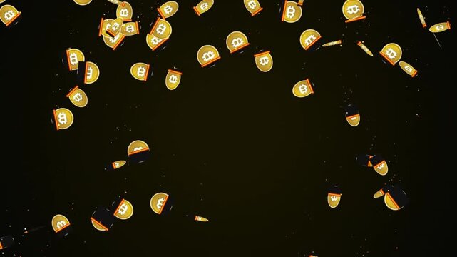 Gold Bitcoin Bullets Falling Down on Dark Background Crypto Investment Risk Animation