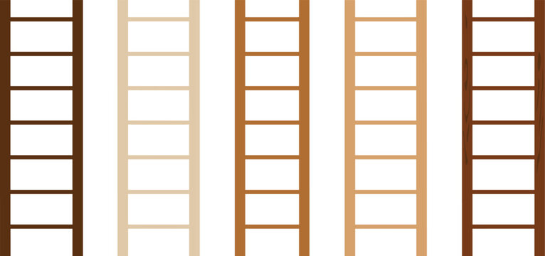 Ladder illustration collection featuring wooden ladders in brown tones, design variations, construction, climbing, and material comparison