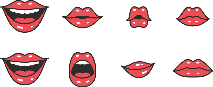 Red lips illustration collection featuring mouth expressions, smiling, puckered, open, closed, stylized cartoon design, and phonetic poses