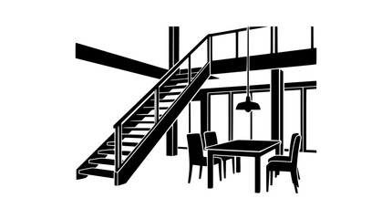 black and white silhouette of a modern loft interior with stairs and dining area © Okona