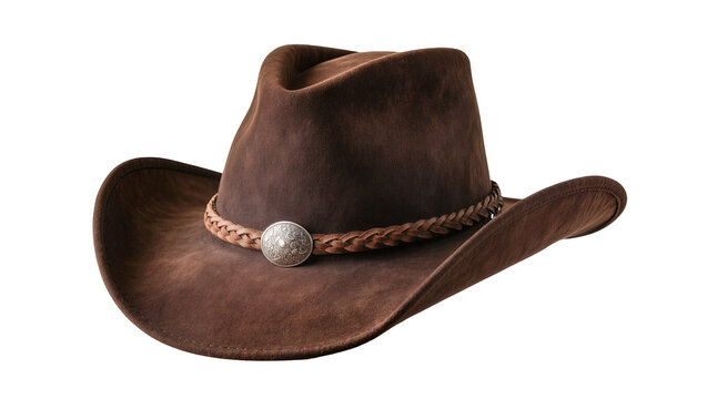Brown suede cowboy hat with braided leather band and silver concho, isolated on transparent background