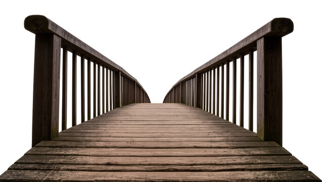 Weathered wooden footbridge with railings, isolated on transparent background
