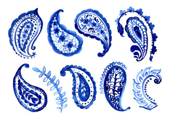 Fototapeta premium Paisley ornament design set. Oriental decorative elements. Watercolor illustration in blue color. For cards, poster, labels, boho, yoga fitness