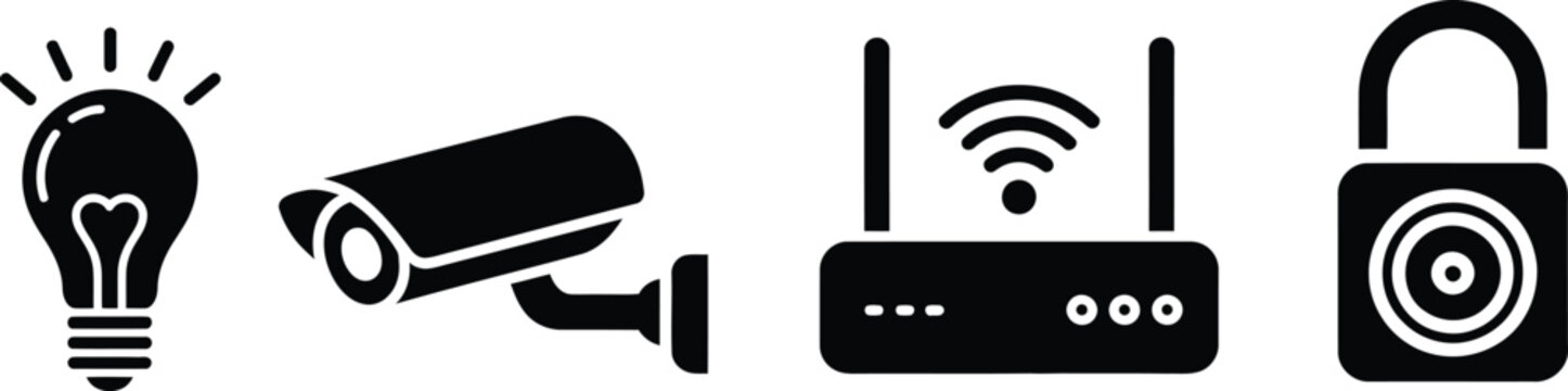 A simple black silhouette icon set of smart home security cctv camera and wifi router