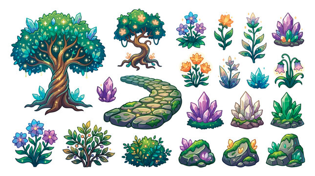 Fantasy game assets collection, magical forest trees and glowing crystals vector set, enchanted garden environment elements for RPG interface
