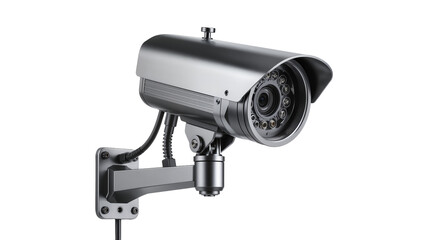 Gray metal security camera with IR LEDs mounted on bracket, isolated on transparent background © Denis