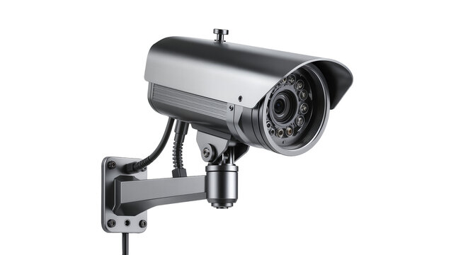 Gray metal security camera with IR LEDs mounted on bracket, isolated on transparent background