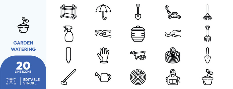 Outdoor Plant Care Tools icon set. Containing garden shed, sprayer, pruning shears, wheelbarrow, shovel, rake, umbrella, hose reel, garden gloves, trowel. Editable stroke. Vector illustration.