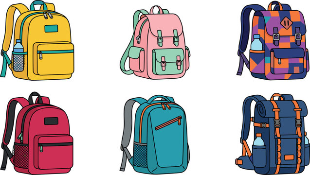 School Backpack and Travel Rucksack Vector Icon Set Featuring Colorful Student Knapsacks, Hiking Packs, and Casual Bags for Education and Outdoor Graphic Designs