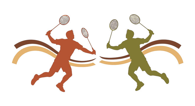 Minimalist vector illustration of two male badminton players in silhouette, orange and green figures jumping with rackets against stylized wavy brown and tan lines on white background.