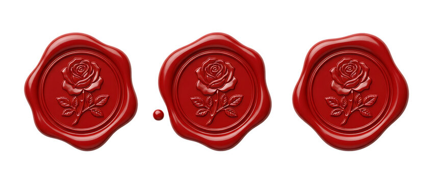Set of three red wax seals featuring rose and leaf motifs, realistic 3d rendering on transparent background for graphic design element.
