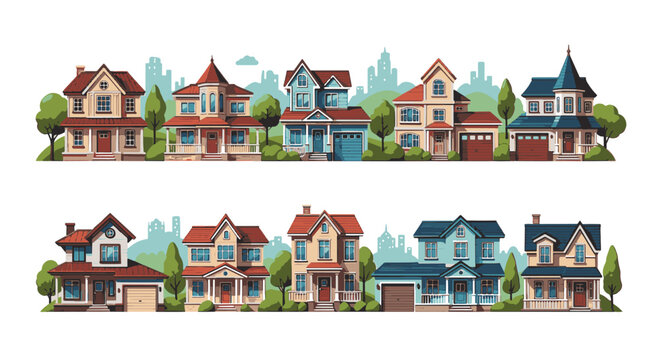 Set of ten illustrated residential house icons showing various architectural designs with gabled roofs, garages, and front porches on a white background with a city silhouette.