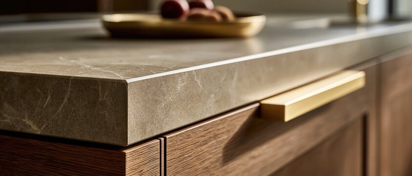 Aspirational interior design closeup showcasing a stone countertop edge meeting warm oak cabinetry with a brushed brass handle. Perfect for premium home renovation, real estate, and.