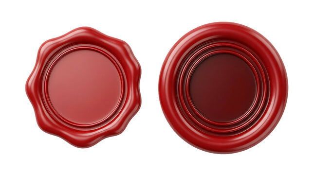 Two red wax seals, one with scalloped edge and inner rings, one round with concentric rings, 3d realistic rendering on transparent background.