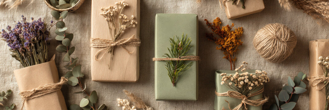 Artisan gift giving aesthetic for sustainable lifestyle brands. Kraft and sage paper parcels tied with jute twine, adorned with dried lavender, eucalyptus, pine, and wildflowers on linen.