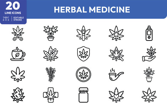 Wellness Therapy icon set. Containing leaf, tincture bottle, herbal tea, smoking pipe, medical badge, capsule, inhaler, flower pot, hand holding bud. Editable stroke. Vector illustration.